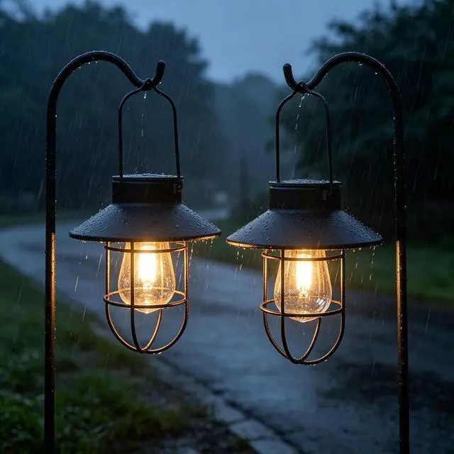Alt view image 5 of 7 - Solar Lantern 2pack Outdoor Hanging Light- Waterproof Vintage Metal Light with Shepherd Hook Decorative for Patio, Backyard, Porch, Yard (Black)