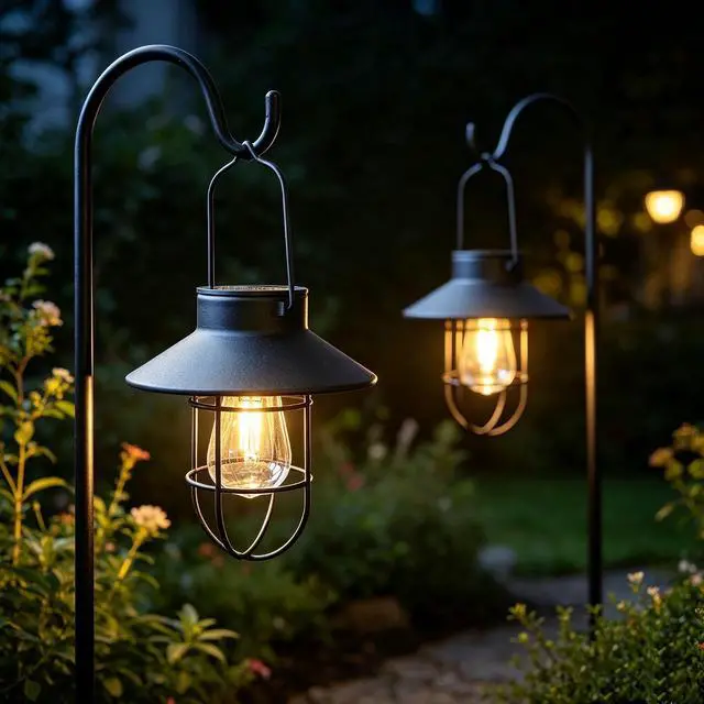 Alt view image 6 of 7 - Solar Lantern 2pack Outdoor Hanging Light- Waterproof Vintage Metal Light with Shepherd Hook Decorative for Patio, Backyard, Porch, Yard (Black)