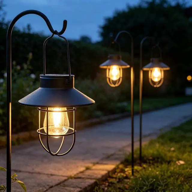 Alt view image 7 of 7 - Solar Lantern 2pack Outdoor Hanging Light- Waterproof Vintage Metal Light with Shepherd Hook Decorative for Patio, Backyard, Porch, Yard (Black)