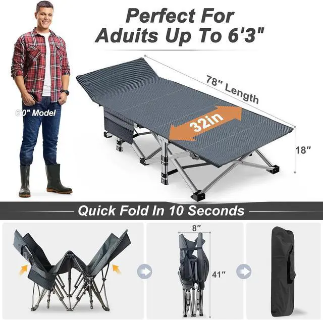 Alt view image 6 of 7 - ABORON XXL Folding Camping Cot for Adults, 32 in Wide with Mattress, 900 lb