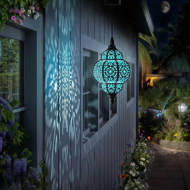 Alt view image 7 of 7 - Hapjoy Hanging Solar Lights Outdoor Garden Decor Solar Lantern Waterproof Plastic Moroccan Outdoor Decorations for Patio Pathway Yard Backyard Garden Decorative (2, Black)