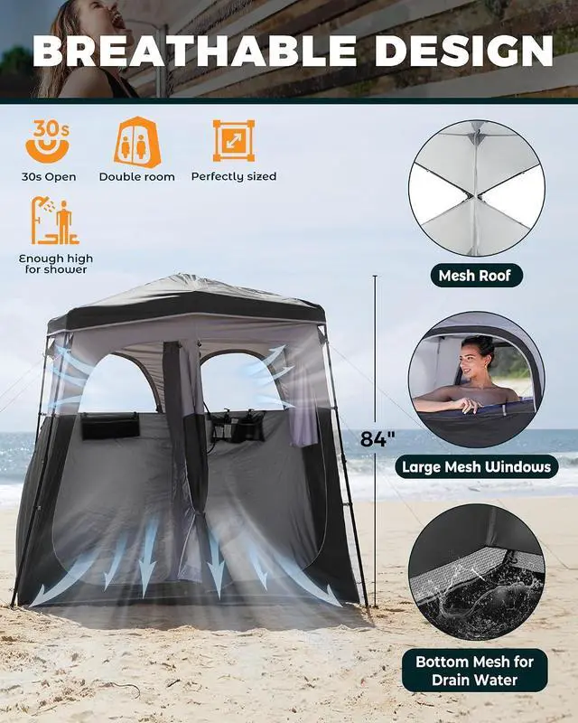 Alt view image 4 of 7 - KingCamp Instant Shower Tent, Portable Superior Stable Privacy Shelter, 2 Large Rooms Outdoor Toilet Tent with Floor for Beach, Camping & Hiking, Setup in Under 60s