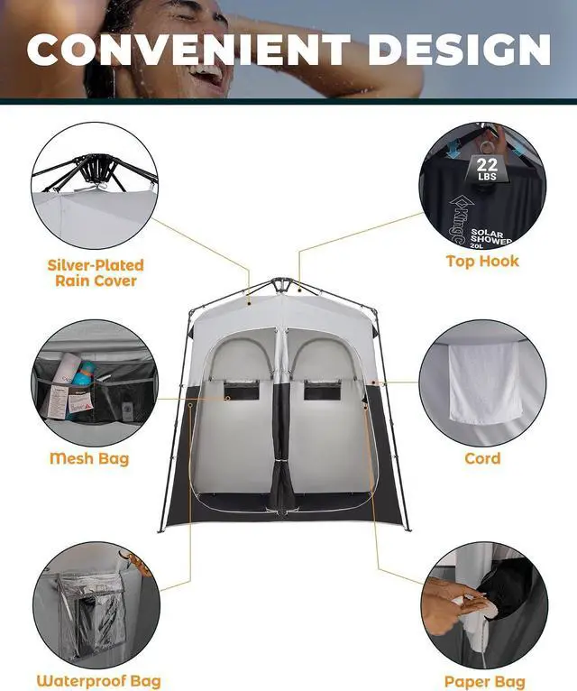 Alt view image 5 of 7 - KingCamp Instant Shower Tent, Portable Superior Stable Privacy Shelter, 2 Large Rooms Outdoor Toilet Tent with Floor for Beach, Camping & Hiking, Setup in Under 60s
