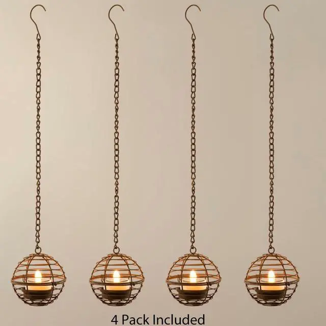 Alt view image 7 of 7 - Solar Hanging Lanterns Outdoor Waterproof, Rust Iron Ball Candle Holder with Flickering Solar Powered Tea Lights, Perfect Chargeable Solar Lights for Backyard Patio Garden Fence Tree Decoration-4Pack