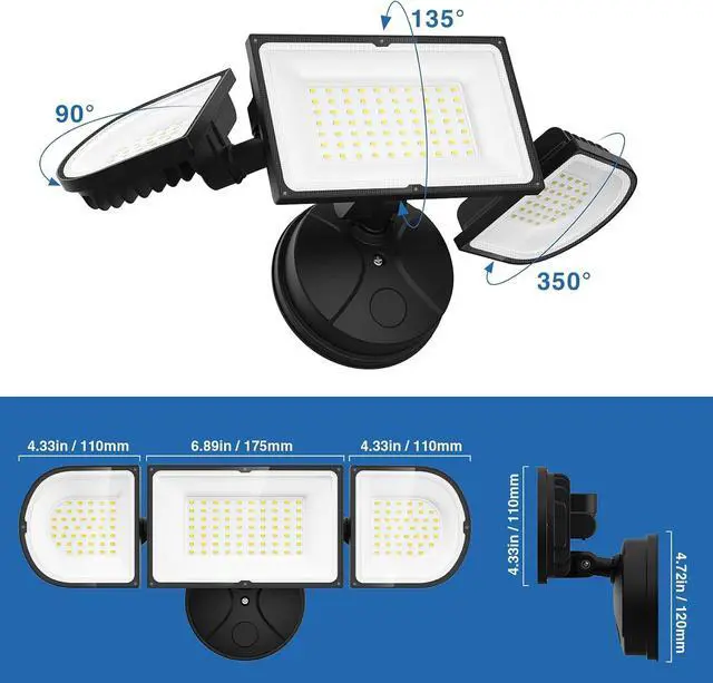 Alt view image 3 of 7 - 150W Flood Lights Outdoor Waterproof IP65, Exterior LED Floodlights with 3 Adjustable Heads, 15000LM Super Bright Security Lights Fixture, Outside Lights for House, Backyard