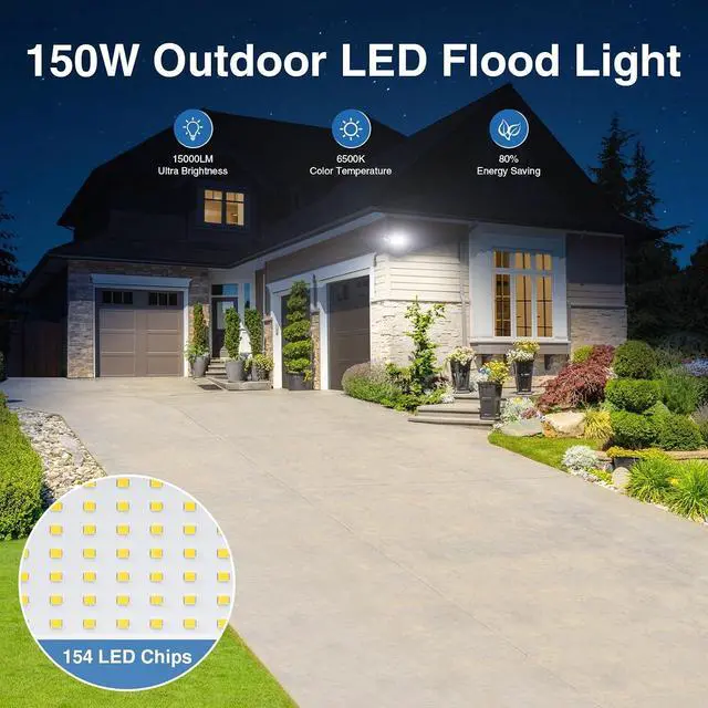 Alt view image 4 of 7 - 150W Flood Lights Outdoor Waterproof IP65, Exterior LED Floodlights with 3 Adjustable Heads, 15000LM Super Bright Security Lights Fixture, Outside Lights for House, Backyard