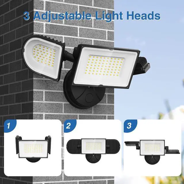 Alt view image 6 of 7 - 150W Flood Lights Outdoor Waterproof IP65, Exterior LED Floodlights with 3 Adjustable Heads, 15000LM Super Bright Security Lights Fixture, Outside Lights for House, Backyard
