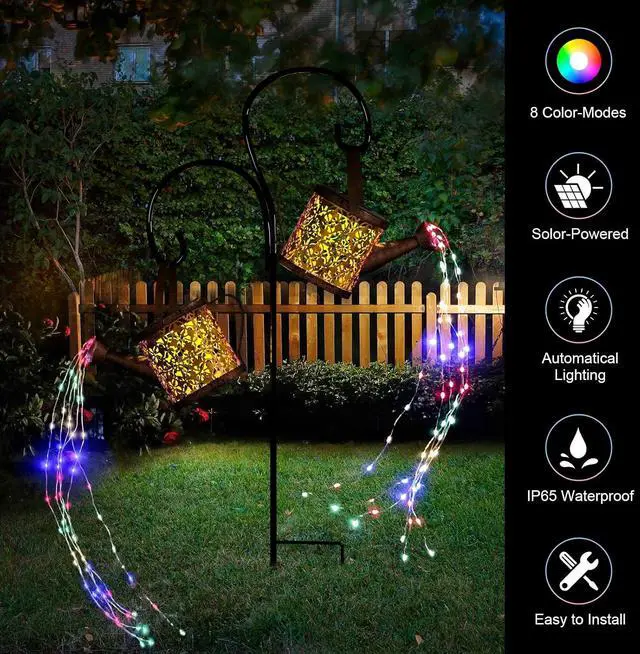 Alt view image 2 of 7 - MEREAR Solar Watering Can Lights Outdoor with 8 Multi-Color Changing Modes, IP65 Waterproof Landscape Light Garden Decor, One Pole Two Lights Outside Decorations for Lawn, Backyard, Patio, Chrismas