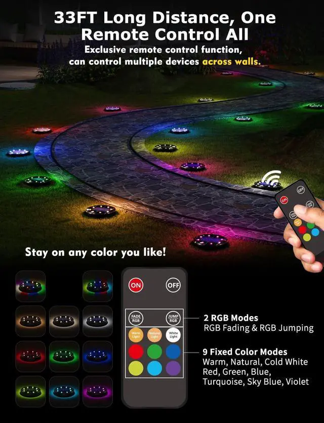Alt view image 2 of 7 - Color Changing Solar Ground Lights with Remote, IP67 Waterproof, 10Pack