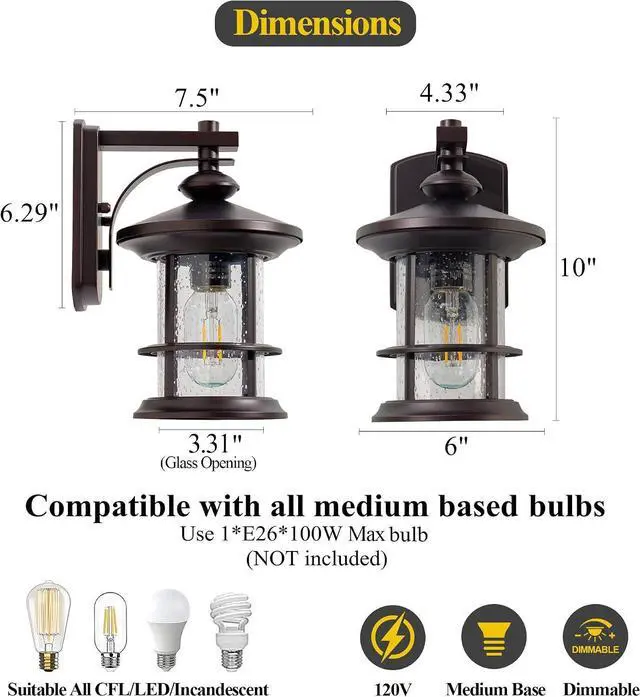 Alt view image 3 of 7 - MICSIU 100W Max Vintage Farmhouse Oil Rubbed Bronze Outdoor Wall Light