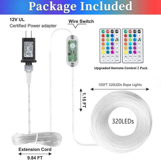 Alt view image 5 of 7 - ANJAYLIA 105FT 320 LED Color Changing Rope Lights with Plug and Remote