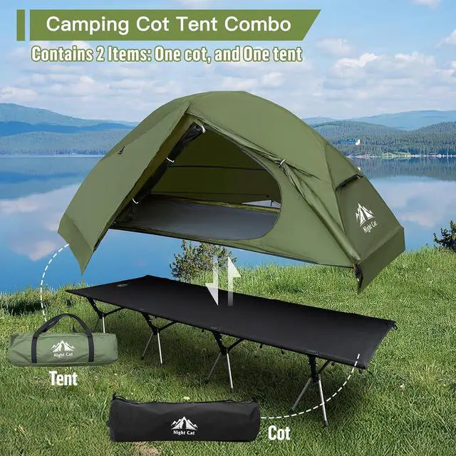 Alt view image 2 of 7 - Night Cat Camping Cot Tent - Waterproof 1-Person Off-Ground Combo Cot Bed for Adults Portable Easy Set-up Tent Green 27.5'' Width