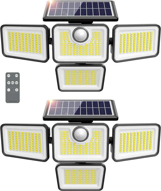 Main image of 4500LM Solar Lights Outdoor, 4 Adjustable Heads Motion Sensor Lights, 3 Modes, 6500K, IP65 Waterproof Solar Security Wall Lights, Remote Control Flood Lights, Garden, Outside, Backyard, 2 Pack