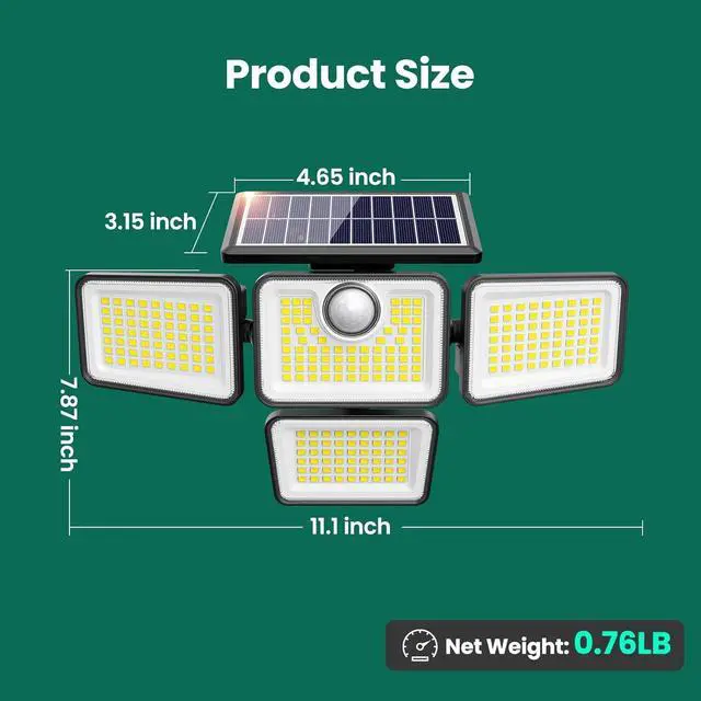 Alt view image 3 of 7 - 4500LM Solar Lights Outdoor, 4 Adjustable Heads Motion Sensor Lights, 3 Modes, 6500K, IP65 Waterproof Solar Security Wall Lights, Remote Control Flood Lights, Garden, Outside, Backyard, 2 Pack