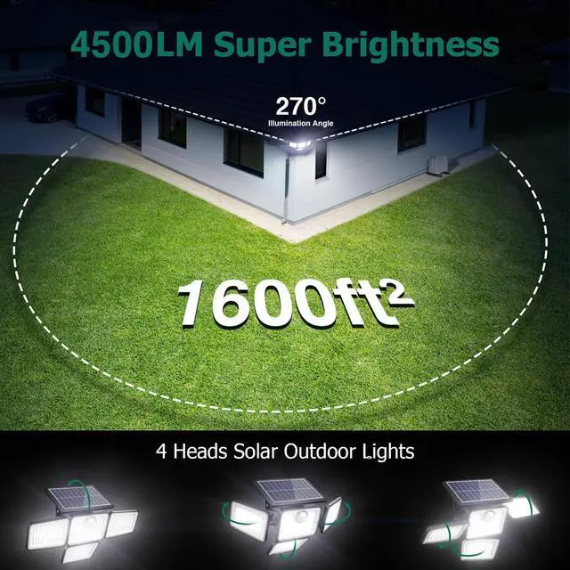 Alt view image 5 of 7 - 4500LM Solar Lights Outdoor, 4 Adjustable Heads Motion Sensor Lights, 3 Modes, 6500K, IP65 Waterproof Solar Security Wall Lights, Remote Control Flood Lights, Garden, Outside, Backyard, 2 Pack