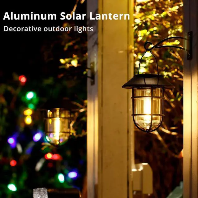 Alt view image 2 of 7 - Solar Lantern Hanging Solar Lights Outdoor, Waterproof Metal Wall Lantern with Hooks, Outdoor Wall Lights for Porch, Patio Yard Garden Decor, No Wiring Required, 2 Pack