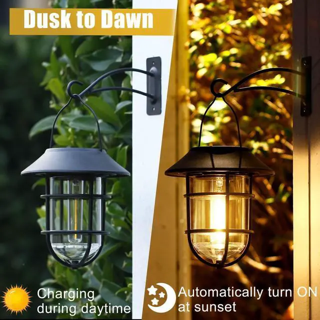 Alt view image 3 of 7 - Solar Lantern Hanging Solar Lights Outdoor, Waterproof Metal Wall Lantern with Hooks, Outdoor Wall Lights for Porch, Patio Yard Garden Decor, No Wiring Required, 2 Pack
