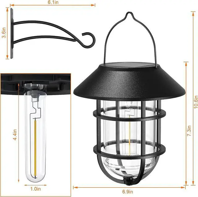 Alt view image 6 of 7 - Solar Lantern Hanging Solar Lights Outdoor, Waterproof Metal Wall Lantern with Hooks, Outdoor Wall Lights for Porch, Patio Yard Garden Decor, No Wiring Required, 2 Pack