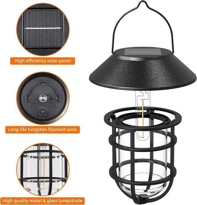 Alt view image 7 of 7 - Solar Lantern Hanging Solar Lights Outdoor, Waterproof Metal Wall Lantern with Hooks, Outdoor Wall Lights for Porch, Patio Yard Garden Decor, No Wiring Required, 2 Pack