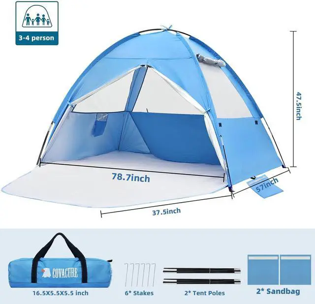 Alt view image 6 of 7 - COVACURE Beach Tent Sun Shelter UPF 50+ UV Protection for 3-4 Person-Blue