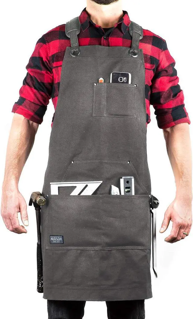 Main image of Hudson Durable Goods Deluxe Edition Waxed Canvas Tool Apron for Men and Women, Heavy Duty Work Apron with Pockets for Tools, Adjustable Crossback Straps - Grey