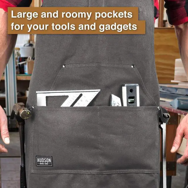 Alt view image 2 of 7 - Hudson Durable Goods Deluxe Edition Waxed Canvas Tool Apron for Men and Women, Heavy Duty Work Apron with Pockets for Tools, Adjustable Crossback Straps - Grey
