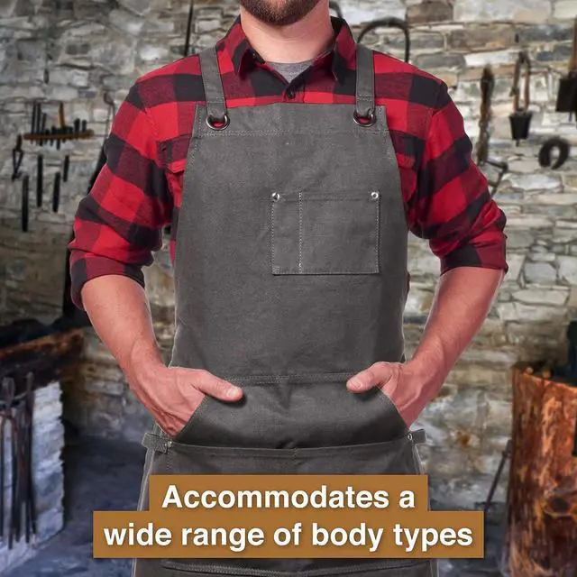Alt view image 5 of 7 - Hudson Durable Goods Deluxe Edition Waxed Canvas Tool Apron for Men and Women, Heavy Duty Work Apron with Pockets for Tools, Adjustable Crossback Straps - Grey