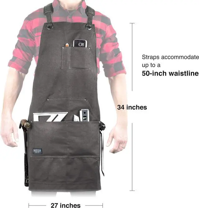 Alt view image 7 of 7 - Hudson Durable Goods Deluxe Edition Waxed Canvas Tool Apron for Men and Women, Heavy Duty Work Apron with Pockets for Tools, Adjustable Crossback Straps - Grey