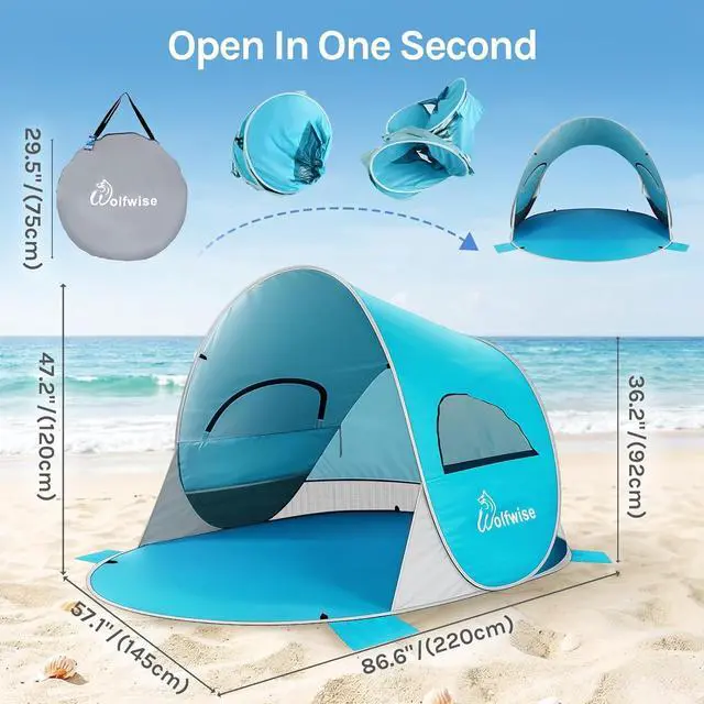 Alt view image 3 of 7 - Wolfwise Pop Up Beach Tent, Easy Setup Sun Shade Shelter Foldable 3 Person