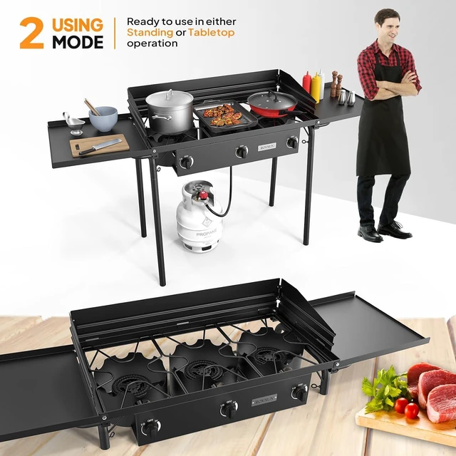 Alt view image 4 of 7 - ROVSUN 3 Burner Gas Stove with 2 Side Shelves, 225,000BTU Portable Propane Stove with Removable Leg, Wind Panel, Regulator for Camping Home Backyard Outdoor Cooking Brewing Canning Turkey Frying