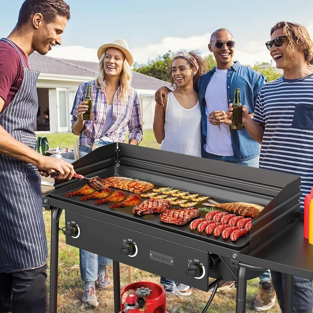 Alt view image 7 of 7 - ROVSUN 3 Burner Gas Stove with 2 Side Shelves, 225,000BTU Portable Propane Stove with Removable Leg, Wind Panel, Regulator for Camping Home Backyard Outdoor Cooking Brewing Canning Turkey Frying