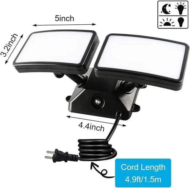 Alt view image 5 of 7 - FAGUANGAO Dusk to Dawn LED Security Light,18W Plug in Flood Light Outdoor,5000k Daylight,1600lm, IP55 Waterproof,Adjustable 2 Heads Wall Light for Garage, Porch, Yard, Black,Street