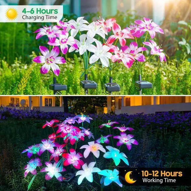 Alt view image 3 of 7 - Ahaorigin Solar Garden Lights Outdoor, 4 Pack Blooming Lily Solar Flowers Outdoor Waterproof, 7 Color Changing Bigger Flower Lights for Yard Patio Decor, Gift for Mom
