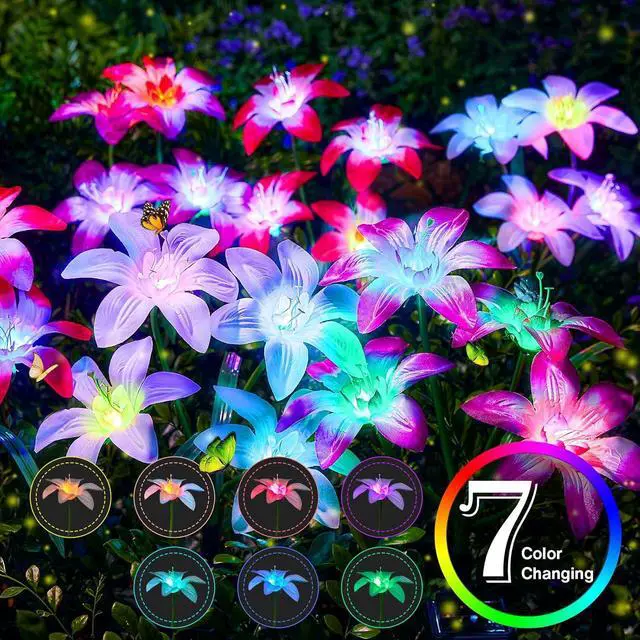 Alt view image 2 of 7 - Ahaorigin Solar Garden Lights Outdoor, 4 Pack Blooming Lily Solar Flowers Outdoor Waterproof, 7 Color Changing Bigger Flower Lights for Yard Patio Decor, Gift for Mom