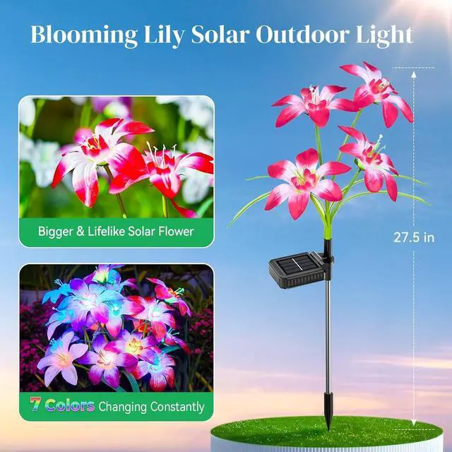 Alt view image 6 of 7 - Ahaorigin Solar Garden Lights Outdoor, 4 Pack Blooming Lily Solar Flowers Outdoor Waterproof, 7 Color Changing Bigger Flower Lights for Yard Patio Decor, Gift for Mom