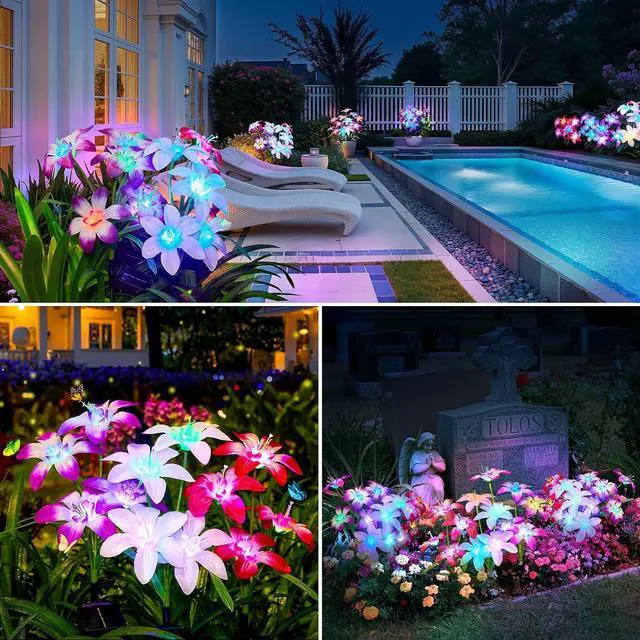 Alt view image 5 of 7 - Ahaorigin Solar Garden Lights Outdoor, 4 Pack Blooming Lily Solar Flowers Outdoor Waterproof, 7 Color Changing Bigger Flower Lights for Yard Patio Decor, Gift for Mom