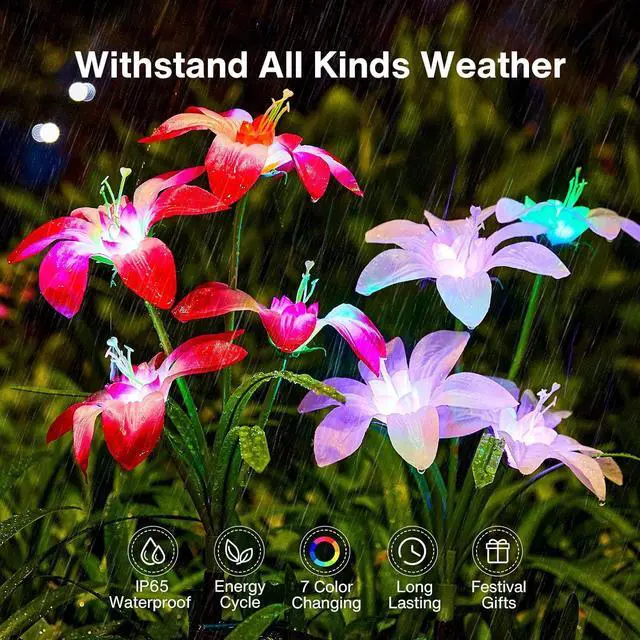 Alt view image 4 of 7 - Ahaorigin Solar Garden Lights Outdoor, 4 Pack Blooming Lily Solar Flowers Outdoor Waterproof, 7 Color Changing Bigger Flower Lights for Yard Patio Decor, Gift for Mom