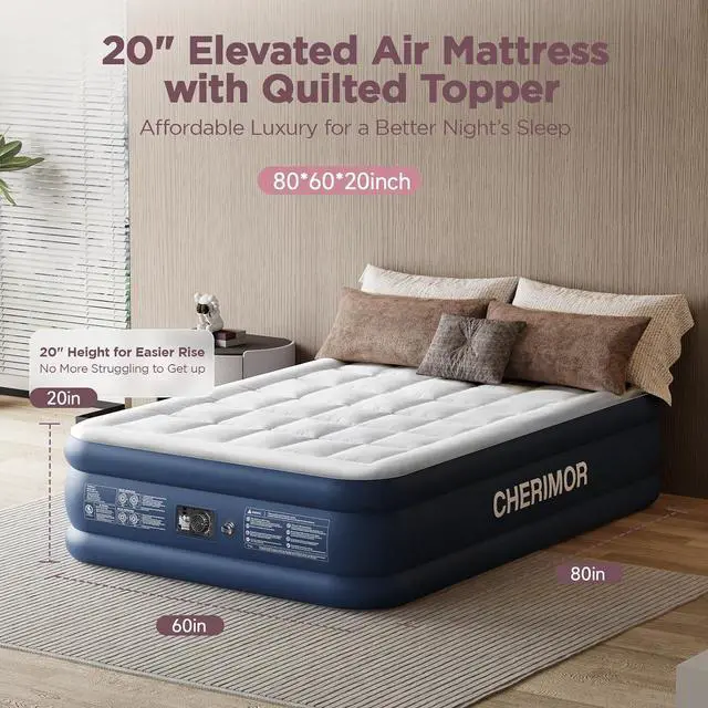 Alt view image 4 of 7 - CHERIMOR Queen Air Mattress with Built-in Pump 20" & Luxury Quilted Topper