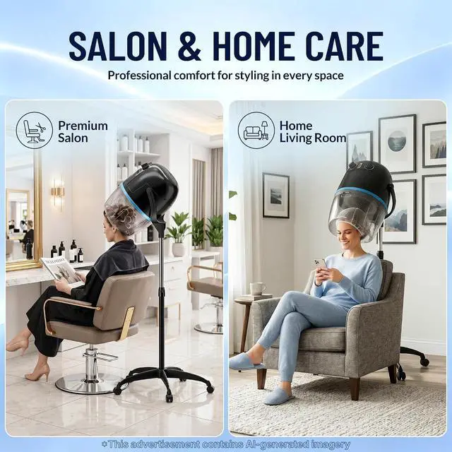 Alt view image 6 of 6 - ZENY Professional Stand Up Hair Dryer, 1300W Bonnet Dryer Adjustable Height