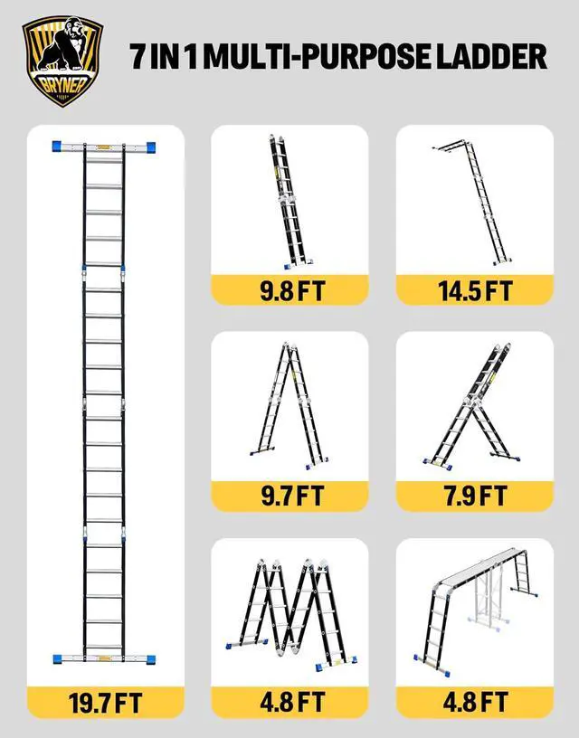 Alt view image 3 of 6 - Bryner Step Folding Ladder 19.6ft Multi-Purpose Aluminium Extension Ladders, 7 in 1 Folding Adjustable Telescoping Step Ladder 330lbs