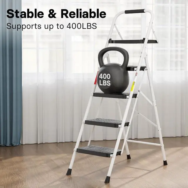 Alt view image 3 of 7 - BONTEC 4-Step Ladder, Folding Step Stool, 600lbs Max Load, White
