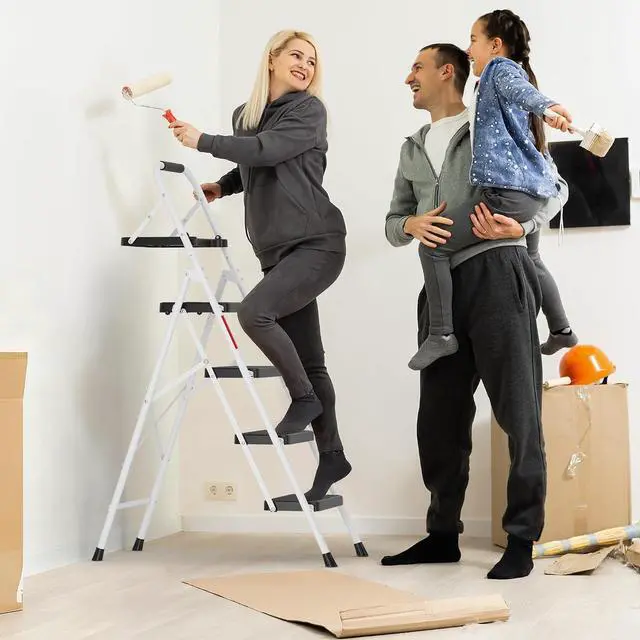 Alt view image 4 of 7 - BONTEC 4-Step Ladder, Folding Step Stool, 600lbs Max Load, White