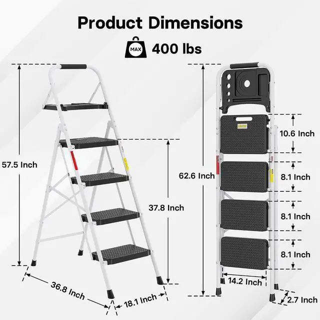 Alt view image 7 of 7 - BONTEC 4-Step Ladder, Folding Step Stool, 600lbs Max Load, White