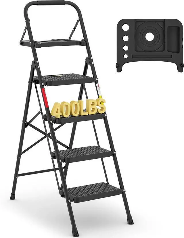 Main image of BONTEC 4-Step Ladder, Folding Step Stool, 600lbs Max Load, Black