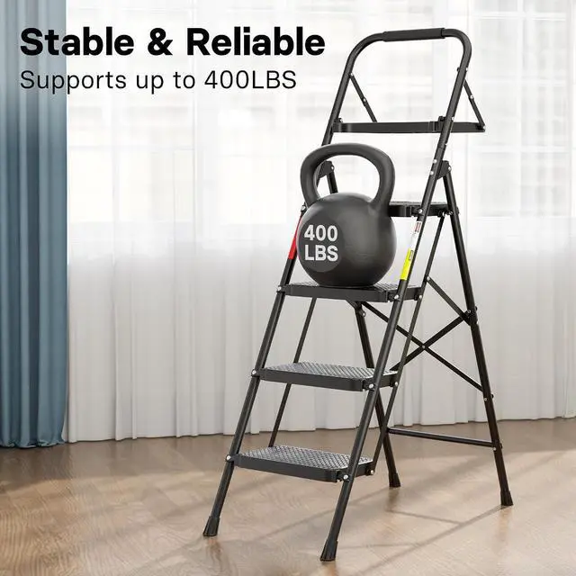 Alt view image 3 of 7 - BONTEC 4-Step Ladder, Folding Step Stool, 600lbs Max Load, Black