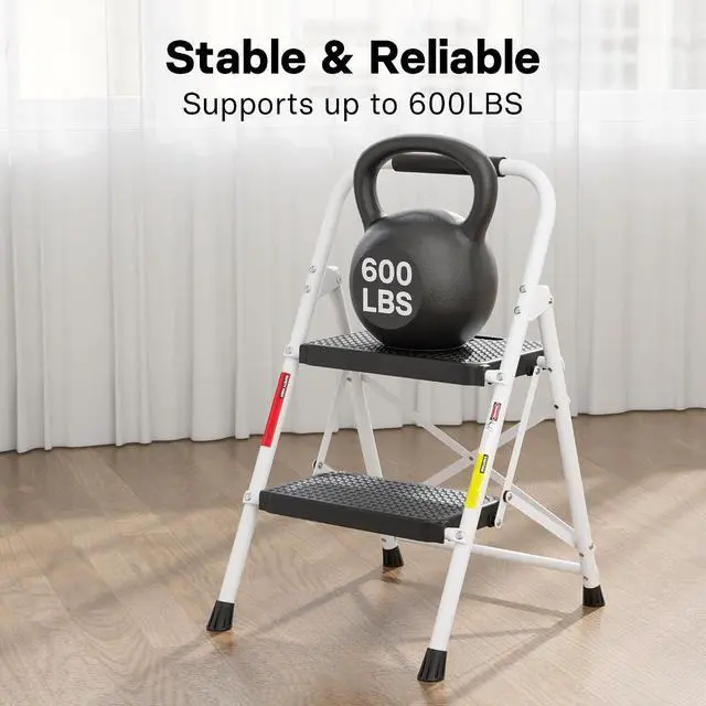 Alt view image 3 of 7 - BONTEC 2-Step Ladder, Folding Step Stool, 600lbs Max Load Capacity, White