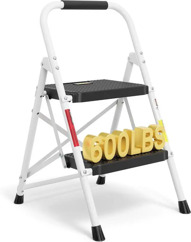 Main image of BONTEC 2-Step Ladder, Folding Step Stool, 600lbs Max Load Capacity, White