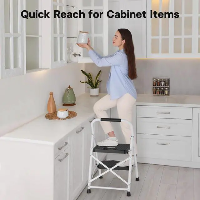 Alt view image 5 of 7 - BONTEC 2-Step Ladder, Folding Step Stool, 600lbs Max Load Capacity, White