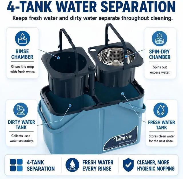 Alt view image 2 of 7 - RinseWise Large Gen 1 Mop Bucket Set, Clean/Dirty Water Separation, Blue