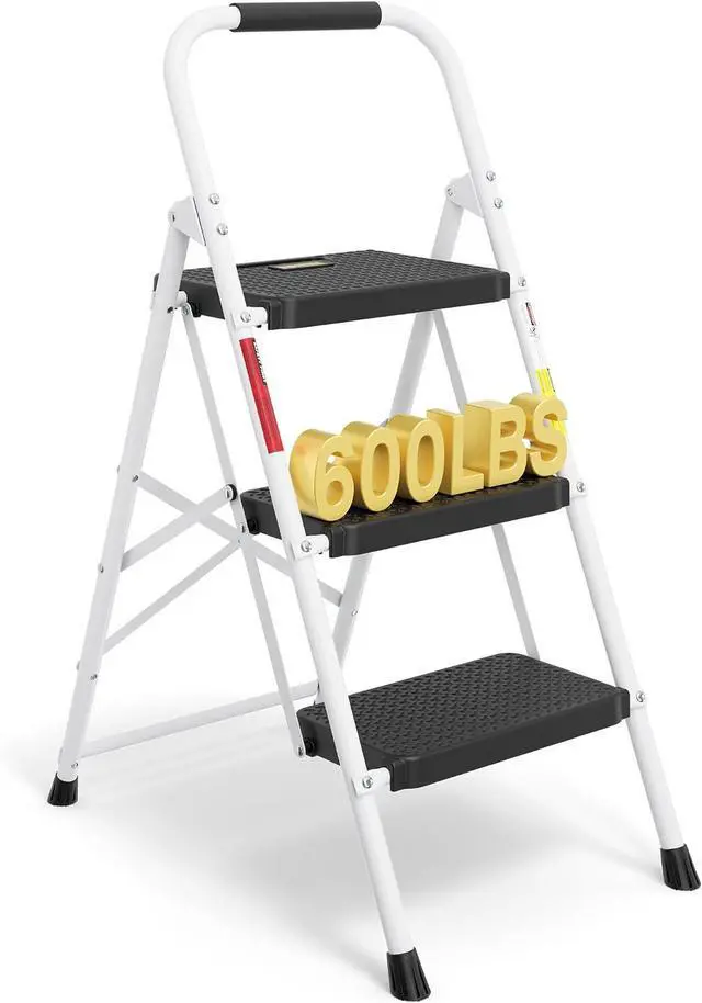 Main image of BONTEC 3-Step Ladder, Folding Step Stool, 600lbs Max Load Capacity, White